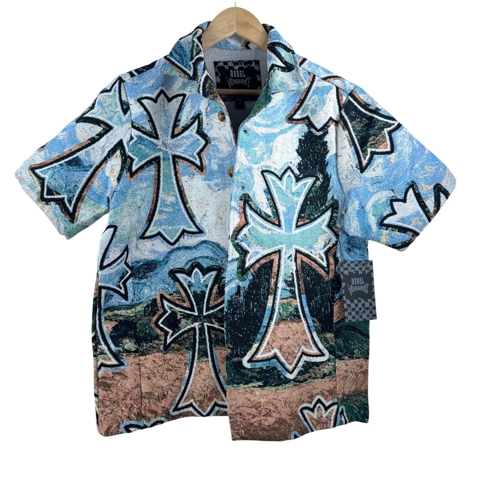 Rebel Vengeance Tapestry Shirt Jacket M Blue Gothic western grunge cross